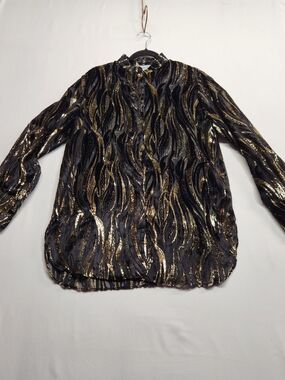 ⭐️Three Flaggs Vintage 80s Whimsigoth Black Gold Velvet Burnout Metallic Blouse 
